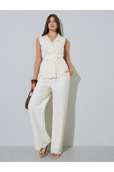 Off White Schiffli Waistcoat with Tie-Belt