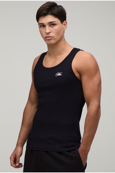 Muscle Fit Man Script Embroidered Ribbed Vest - black