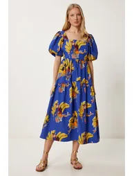 Women's Purple Yellow Patterned Summer Midi Poplin Dress