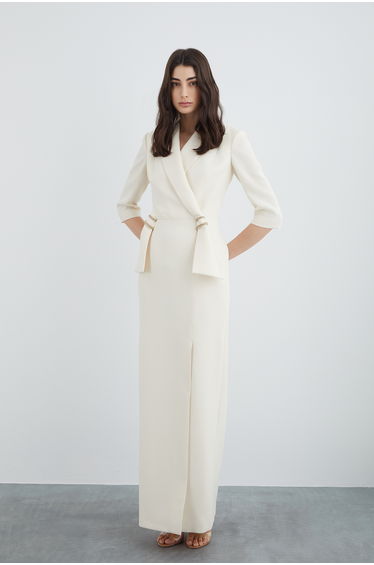 Elegant Collar Detail Long Beige Dress with Embroidered Collar Tips