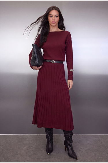 Burgundy A-Line Boat Neck Maxi Knitwear Belted Long Dress