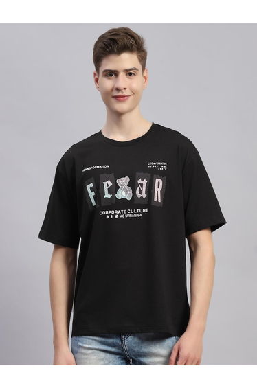 Men Printed Black Round Neck Half Sleeve Regular Fit T-Shirt
