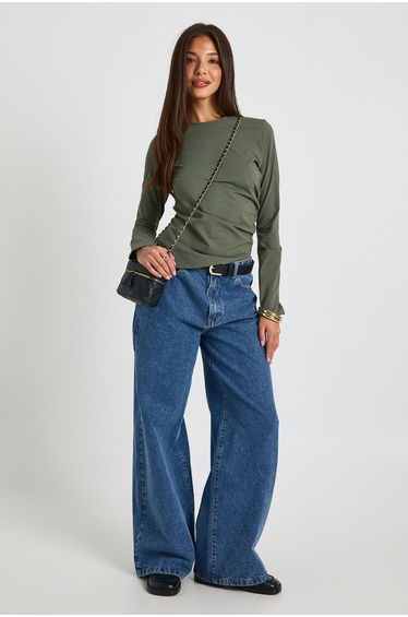 Boat Neck Ruched Asym Hem Top - olive