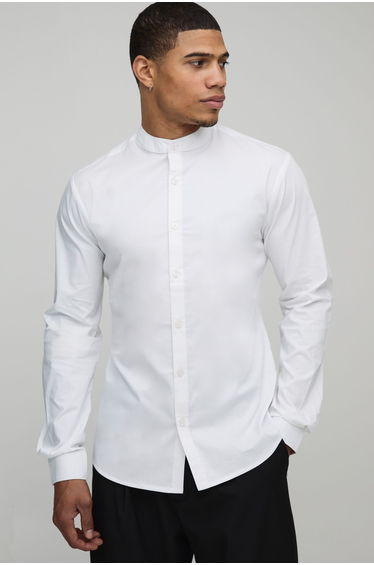 Slim Fit Grandad Collar Cotton Shirt - white
