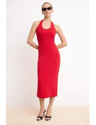 Red Waist Opening Short Sleeve Tok 100% Cotton Knitted Dress