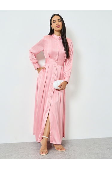 Pink Long Sleeves Shirt Maxi Dress