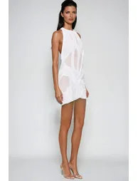 Davion Halter Neck Ruch Asymmetric Mini Dress In White - 3