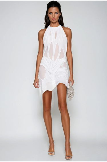 Davion Halter Neck Ruch Asymmetric Mini Dress In White