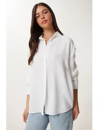 Women's Ecru Oversize Linen Shirt - 2