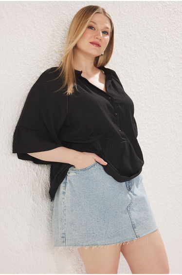 Black Short Sleeve Peplum Textured Woven Plus Size Shirt