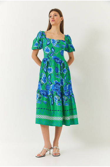 Women's Watermelon Sleeve Square Neck Patterned Tericotone Dress