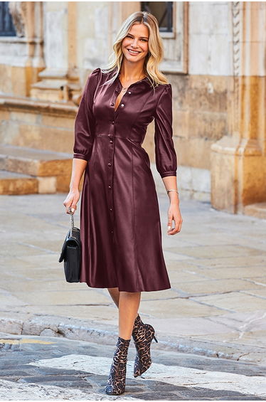 Burgundy Faux Leather Popper Front Shirt Dress