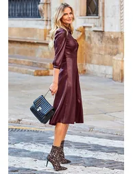 Burgundy Faux Leather Popper Front Shirt Dress - 1