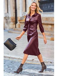 Burgundy Faux Leather Popper Front Shirt Dress - 2