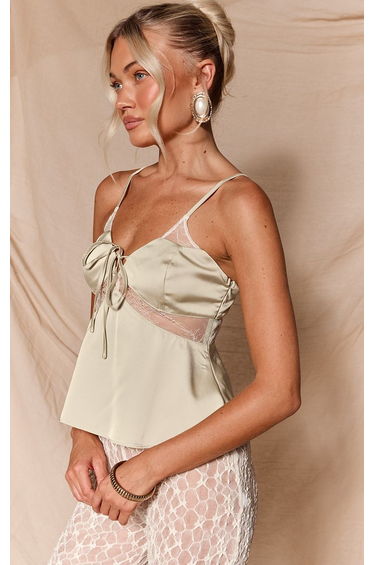 Lime Satin Lace Contrast Tie Front Floaty Cami