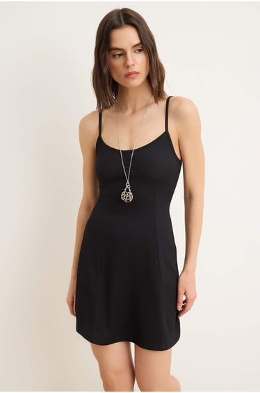 Black Plain A-Line V-Neck Sleeveless Mini Textured Knitted Dress