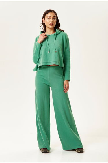 Women's Hooded Sweatshirt with Front Pocket and Drawstring Detail in Green.