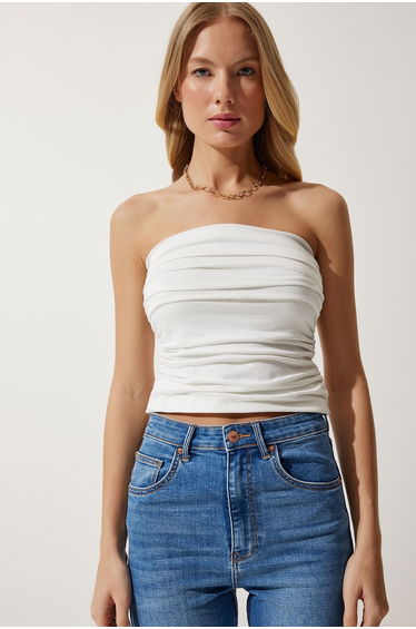 Women's White Gathered Strapless Collar Knitted Top