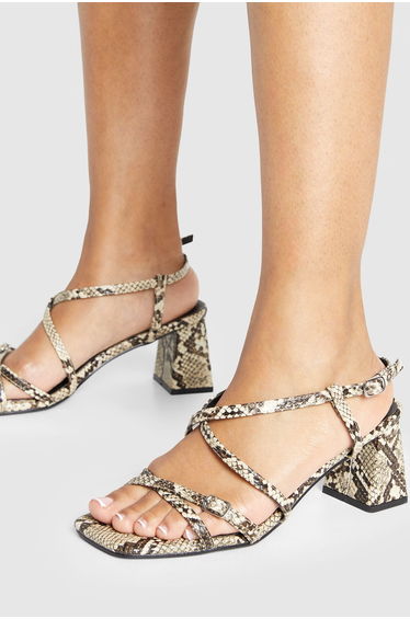 Snake Low Block Buckle Detail Strappy Heels - snake