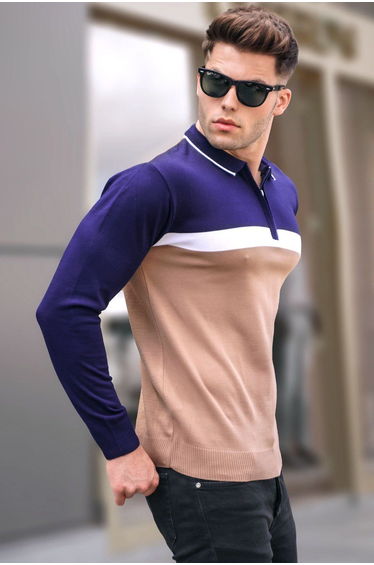Beige Zippered Polo Neck Knitwear Sweater
