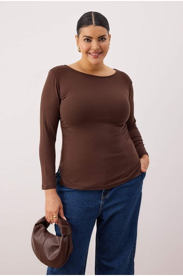 Brown soft fabric boat neck knitted plus size blouse with gathered detail
