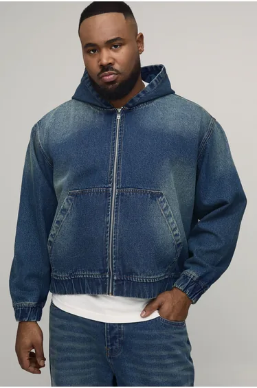 Plus Washed Denim Zip Up Hoodie - mid blue