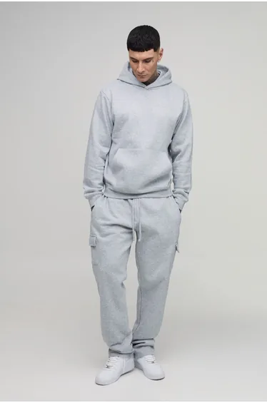 Tall Boxy Hooded Cargo Tracksuit - grey marl