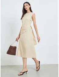 Beige Solid Midi Dress with Puff Sleeves - 1