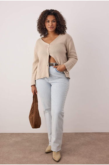 Beige V-Neck Relax Fit Knit Cardigan