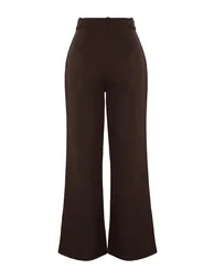 Dark brown belt detailed  leg woven pants - 7
