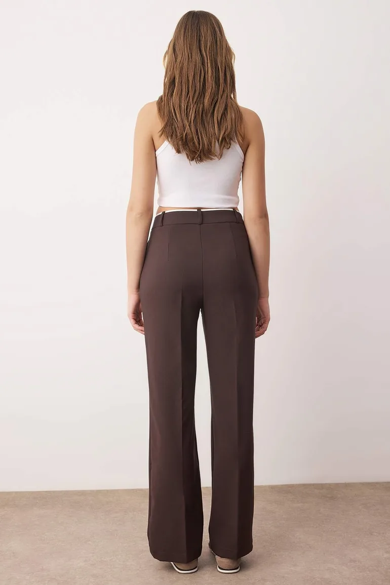 Dark brown belt detailed  leg woven pants - 1
