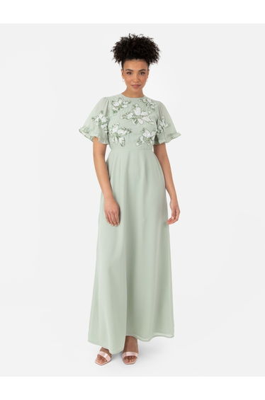 Maya Sage Green Floral Embellished Angel Sleeve Chiffon Maxi Dress