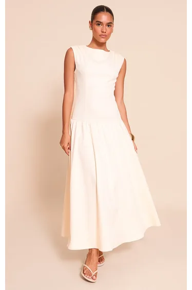 Cream Woven Boat Neck Dropped Waist Maxi Dress