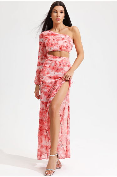 Floral One-Shoulder Long Sleeve Top & Ruffle Maxi Skirt Set