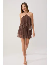 Brown Polka Dot Skater Halter Neck Ruffle Mini Tulle Lined Knitted Dress