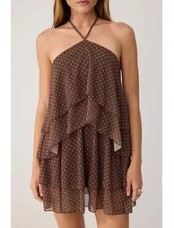 Brown Polka Dot Skater Halter Neck Ruffle Mini Tulle Lined Knitted Dress - 2