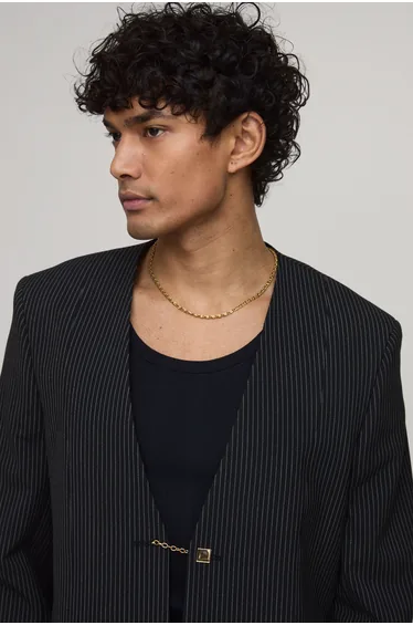 Pinstripe Oversized Boxy Collarless Blazer - black