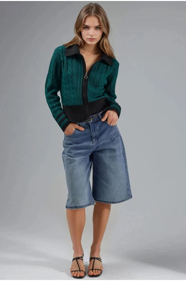 MY FASHION Polo Neck Zippered Cardigan