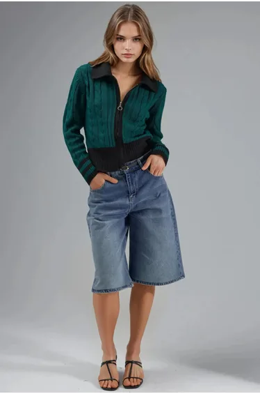 MY FASHION Polo Neck Zippered Cardigan