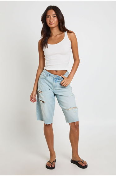 Mid Waist Ripped Denim Jorts - vintage wash