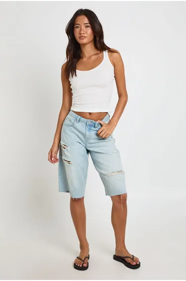 Mid Waist Ripped Denim Jorts - vintage wash