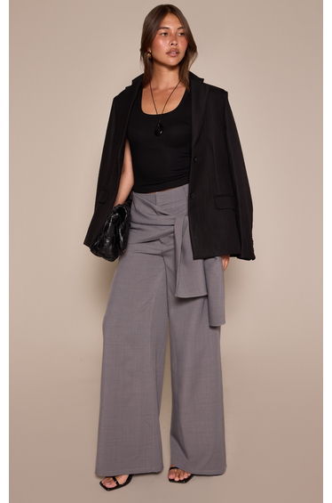 Charcoal Woven Scarf Overlay Wide Leg Trousers