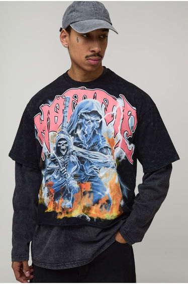 Oversized Washed Homme Gothic Graphic Distressed T-Shirt - washed black