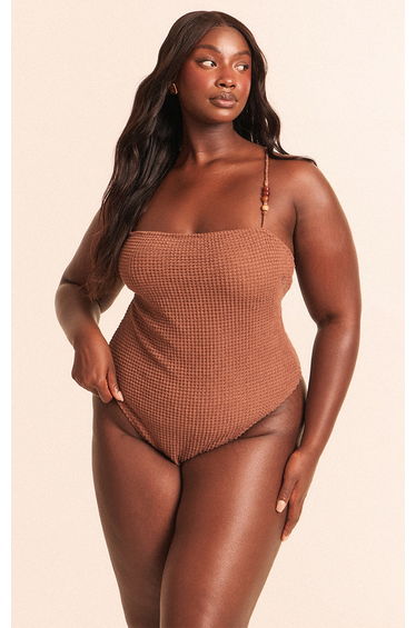 Plus Mocha Crochet Bead Trim Asymmetric Strap Swimsuit