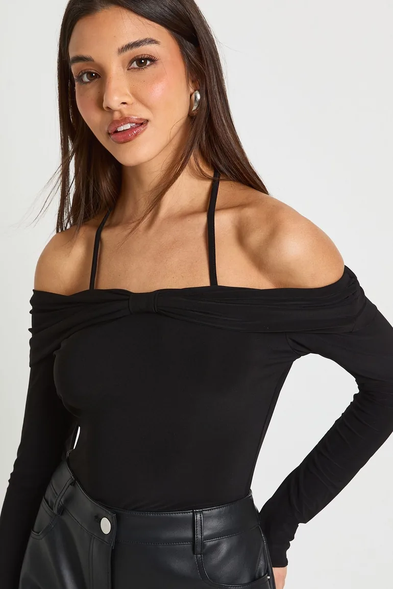 Slinky Bow Bardot Detail Top - black - 3