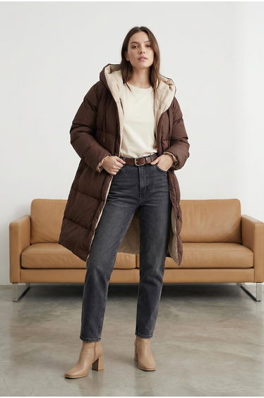 Dark Brown-Ecru Double-Sided Hooded Water Repellent Long Puffer Jacket
