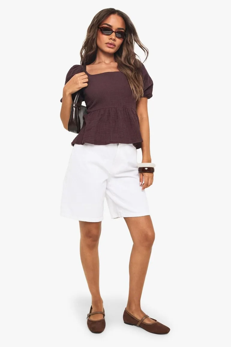 Crinkle Cotton Puff Sleeve Shirred Crop Top - 2