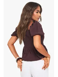 Crinkle Cotton Puff Sleeve Shirred Crop Top - 1