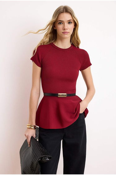 Burgundy Mock Neck Belt Detailed Fitted Knitwear Slim Blouse
