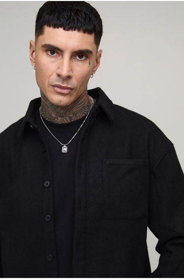 Tall Oversized Pearl Embellished Wool Look Overshirt - black